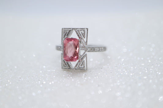 Art Deco natural pink tourmaline  and diamond ring, in white gold setting, Moissaninte engagement ring,Emerald cut tourmaline  wedding ring