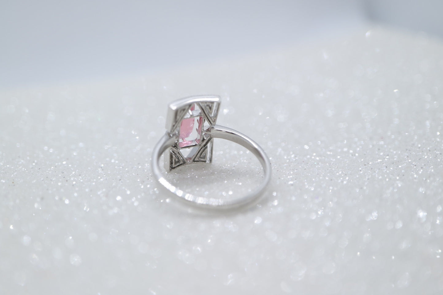 Art Deco natural pink tourmaline  and diamond ring, in white gold setting, Moissaninte engagement ring,Emerald cut tourmaline  wedding ring