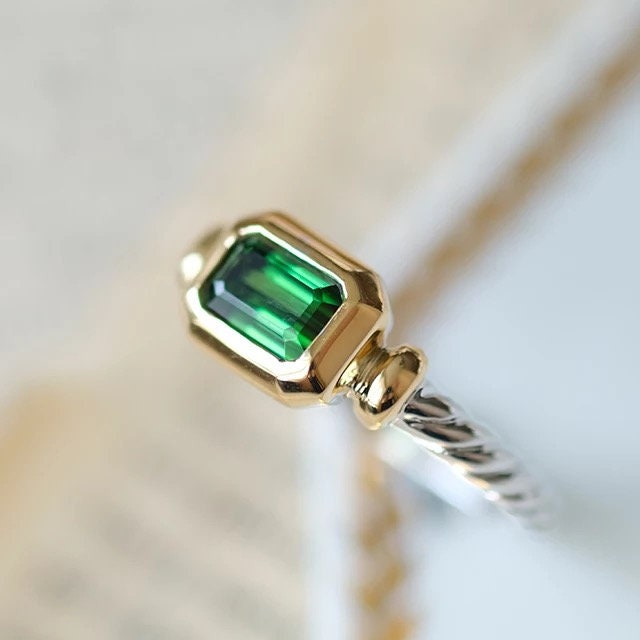 Emerald wedding ring, Twisted rope ring, Two tone ring, 14K white gold and 14k yellow gold