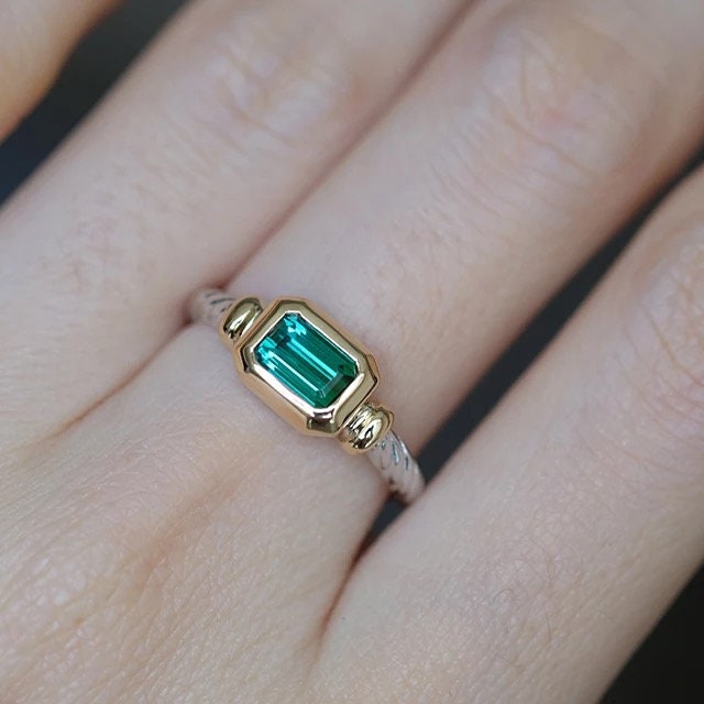 Emerald wedding ring, Twisted rope ring, Two tone ring, 14K white gold and 14k yellow gold