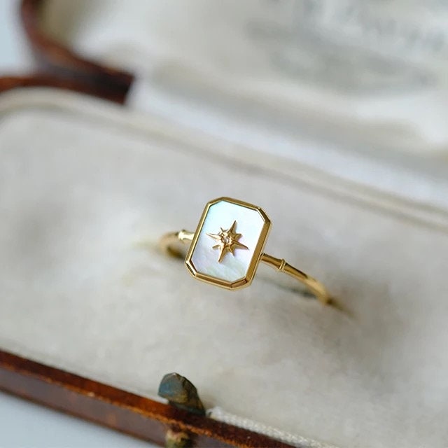 14k yellow gold signet ring, Mother of pearl star shape diamond wedding ring