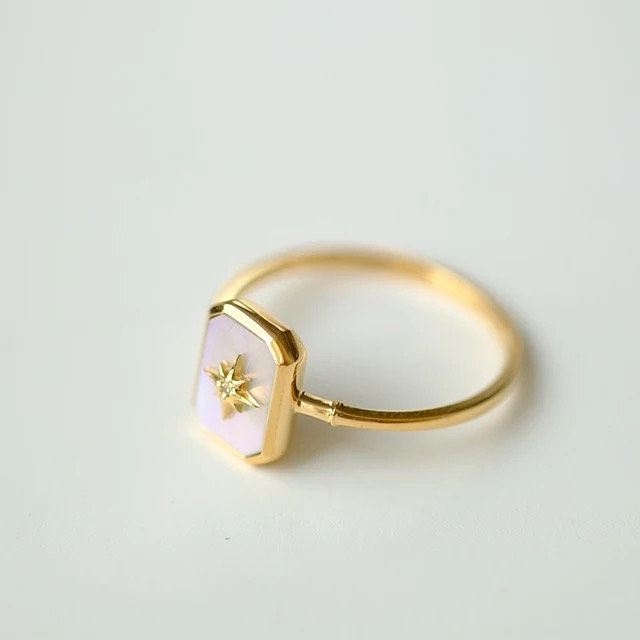 14k yellow gold signet ring, Mother of pearl star shape diamond wedding ring