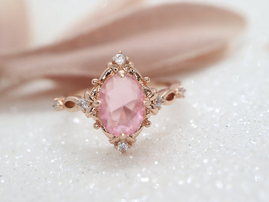 Vintage pink tourmaline engagement ring, Oval rose gold ring, Art deco wedding ring, Unique oval ring, Prong set ring, Bridal ring