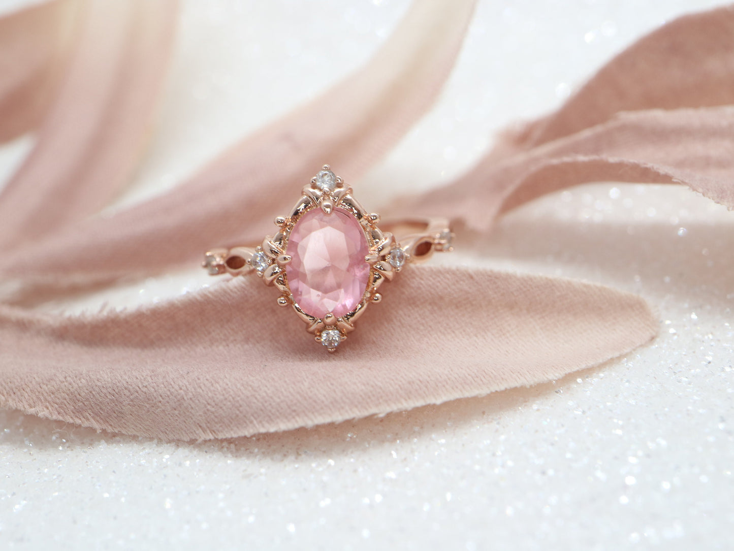 Vintage pink tourmaline engagement ring, Oval rose gold ring, Art deco wedding ring, Unique oval ring, Prong set ring, Bridal ring