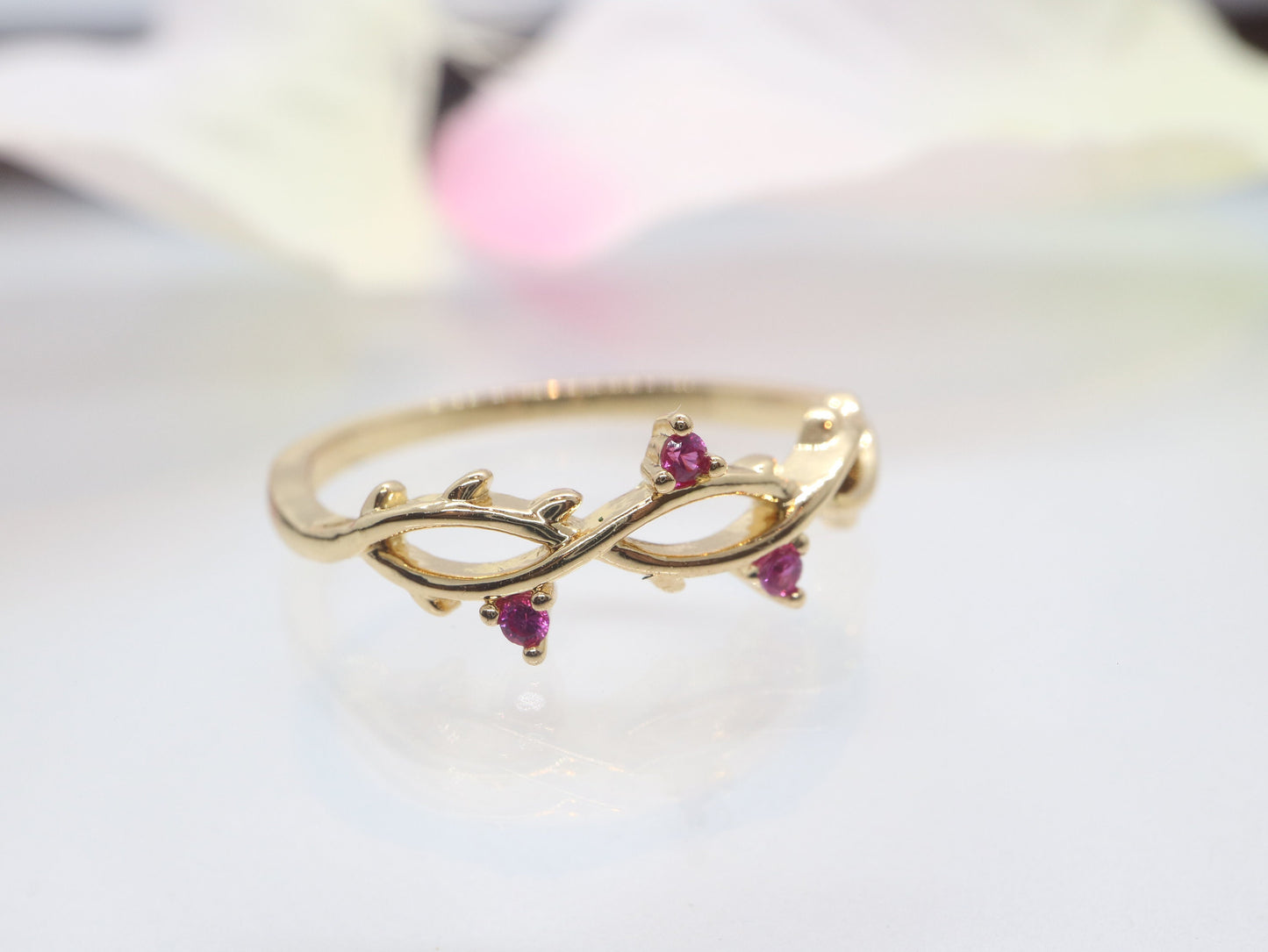 0.03 Carat ruby band, Ruby ring, Yellow gold band, Yellow gold  ring, Tree branch ring, Tree Branch band