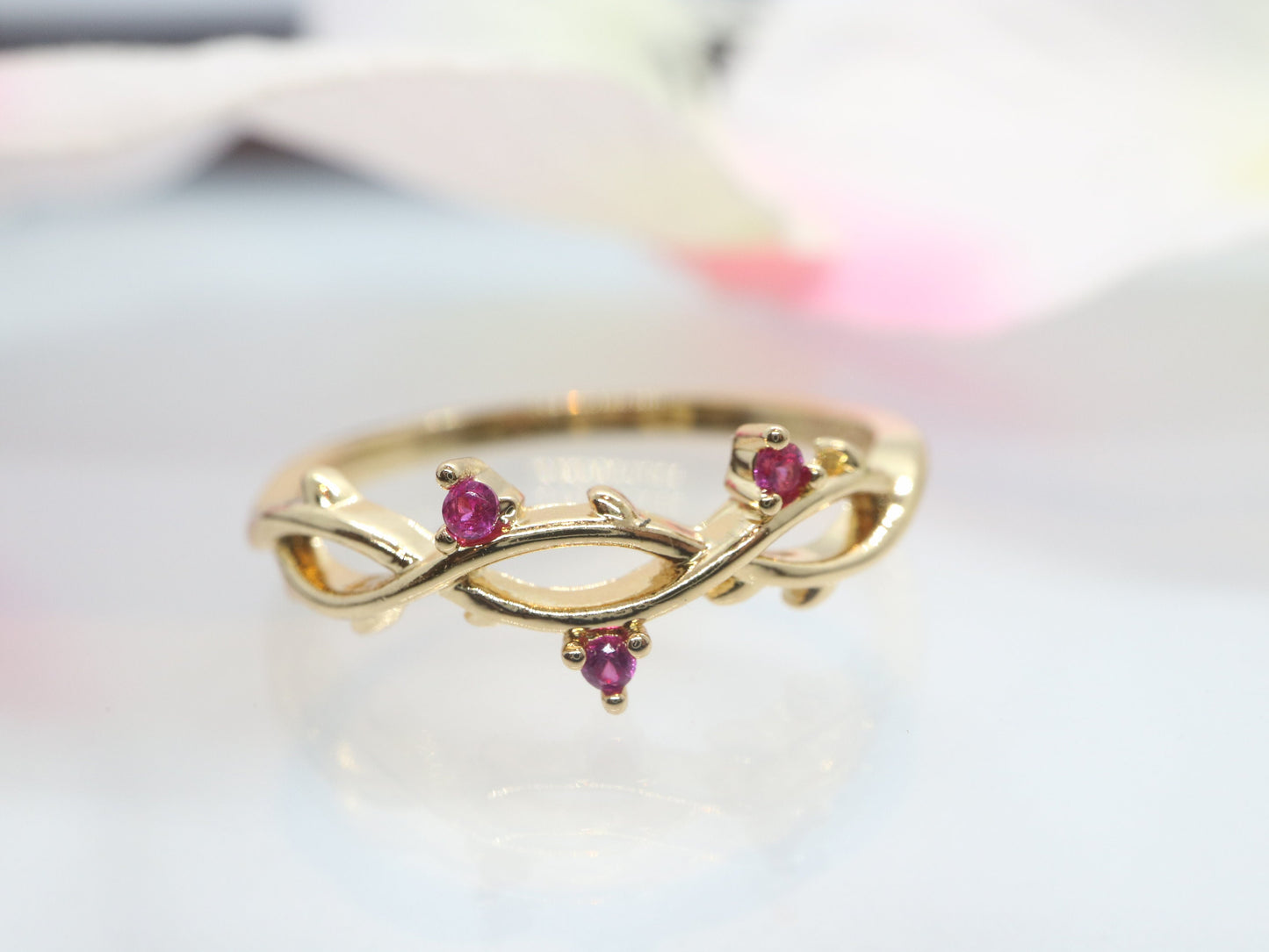 0.03 Carat ruby band, Ruby ring, Yellow gold band, Yellow gold  ring, Tree branch ring, Tree Branch band