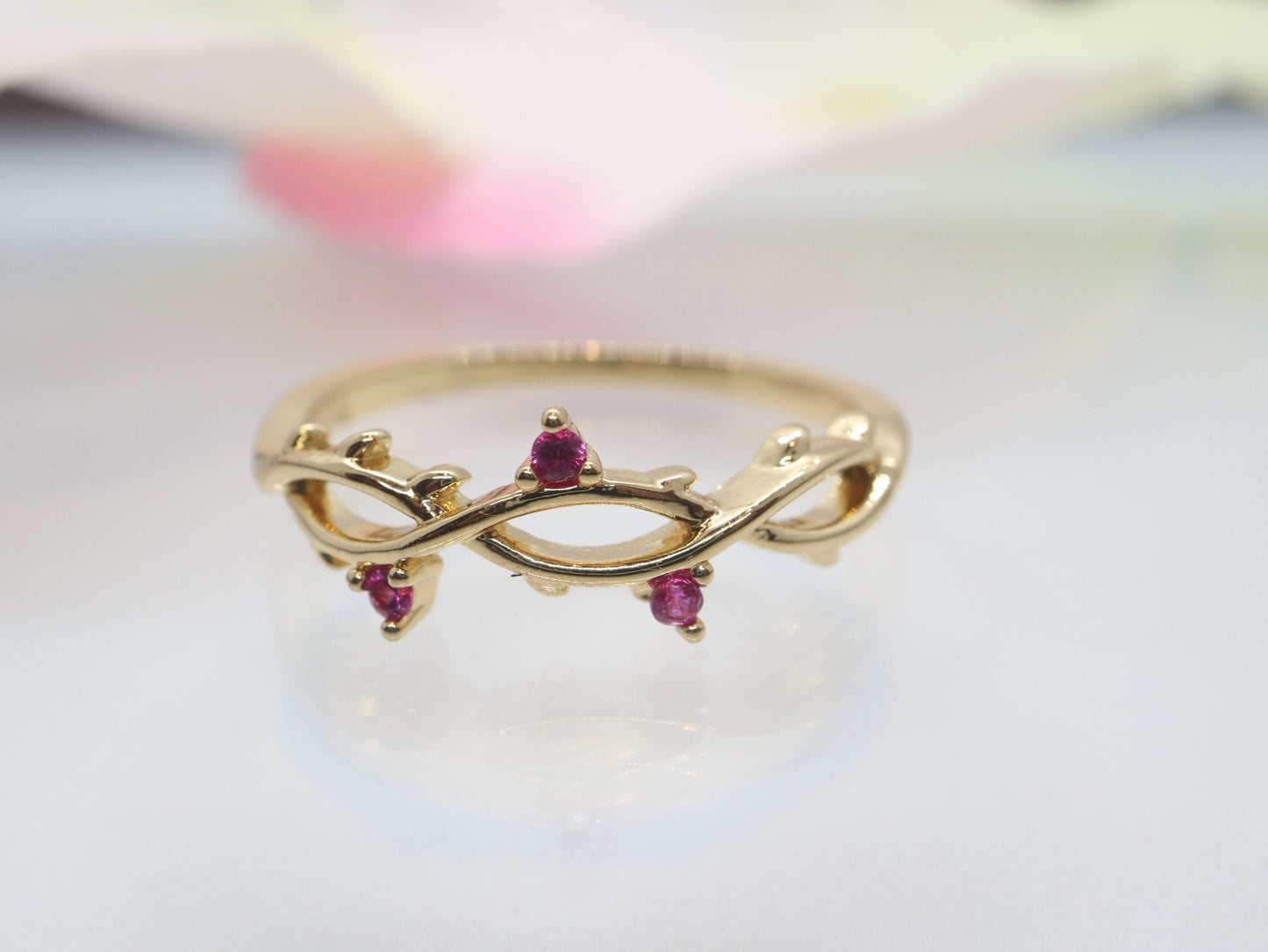 0.03 Carat ruby band, Ruby ring, Yellow gold band, Yellow gold  ring, Tree branch ring, Tree Branch band