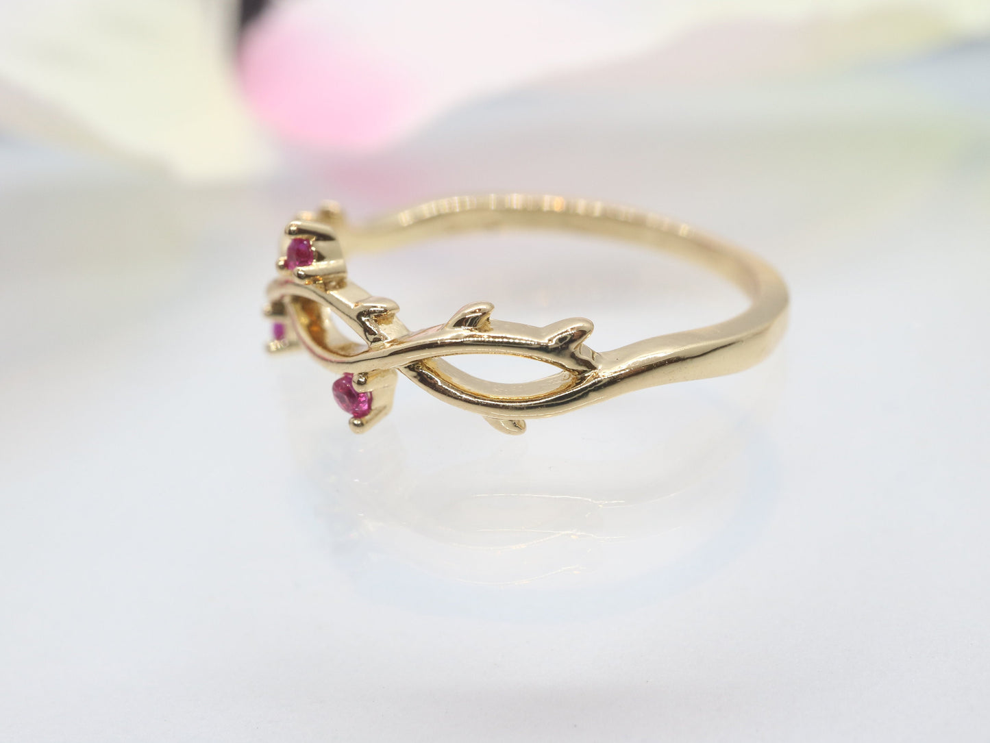 0.03 Carat ruby band, Ruby ring, Yellow gold band, Yellow gold  ring, Tree branch ring, Tree Branch band