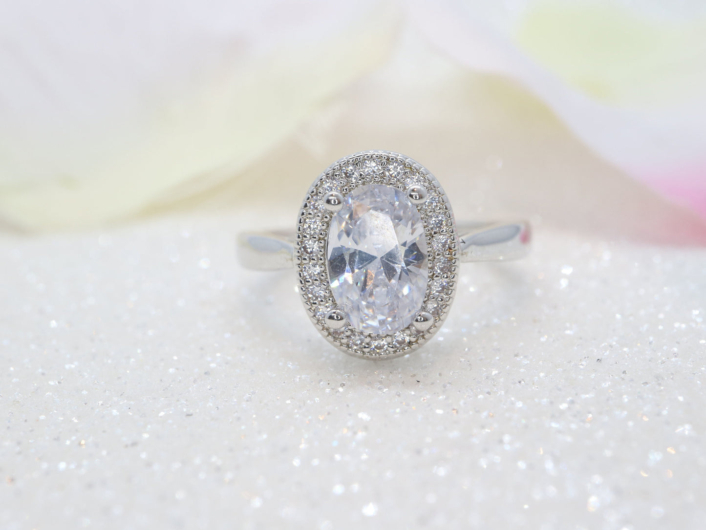 Moissanite engagement ring, Wedding for her, Flower style design, 14k white gold oval moissanite ring