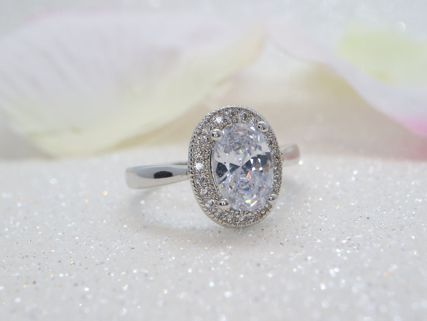 Moissanite engagement ring, Wedding for her, Flower style design, 14k white gold oval moissanite ring