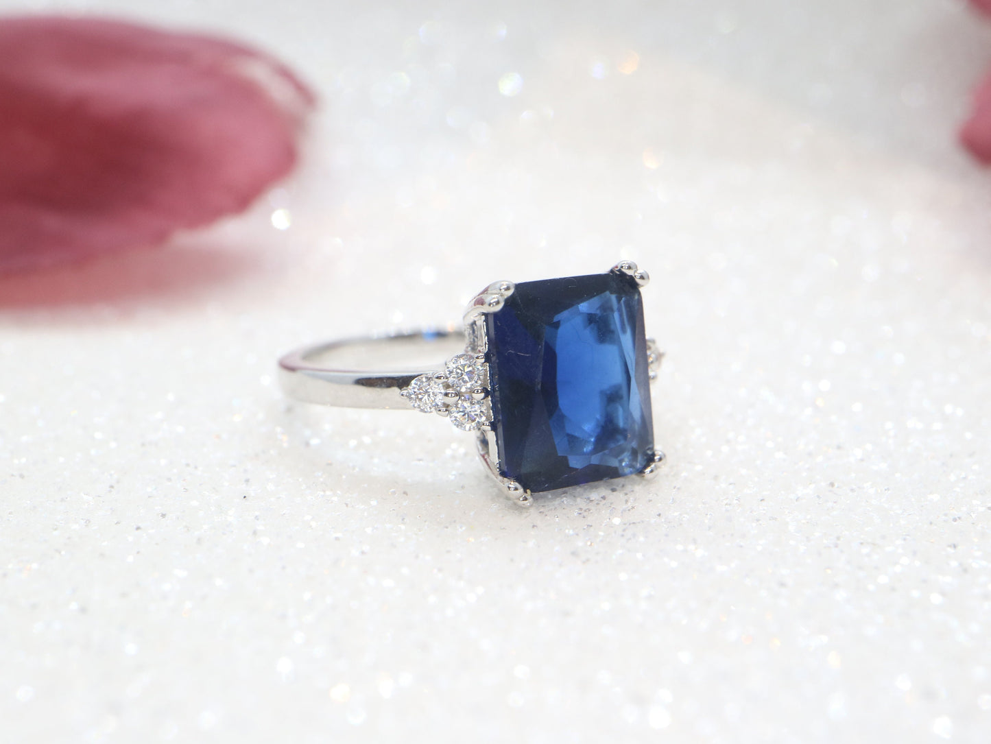 Tanzanite Engagement ring, Tanzanite ring with diamonds, emerald cut three stone cluster ring, purple blue stone, december birthsone