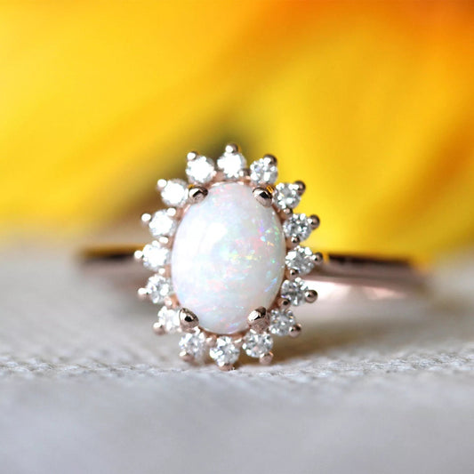 14k rose gold opal and moissanite diamond ring,  Engagement ring, Wedding ring, Anniversary ring