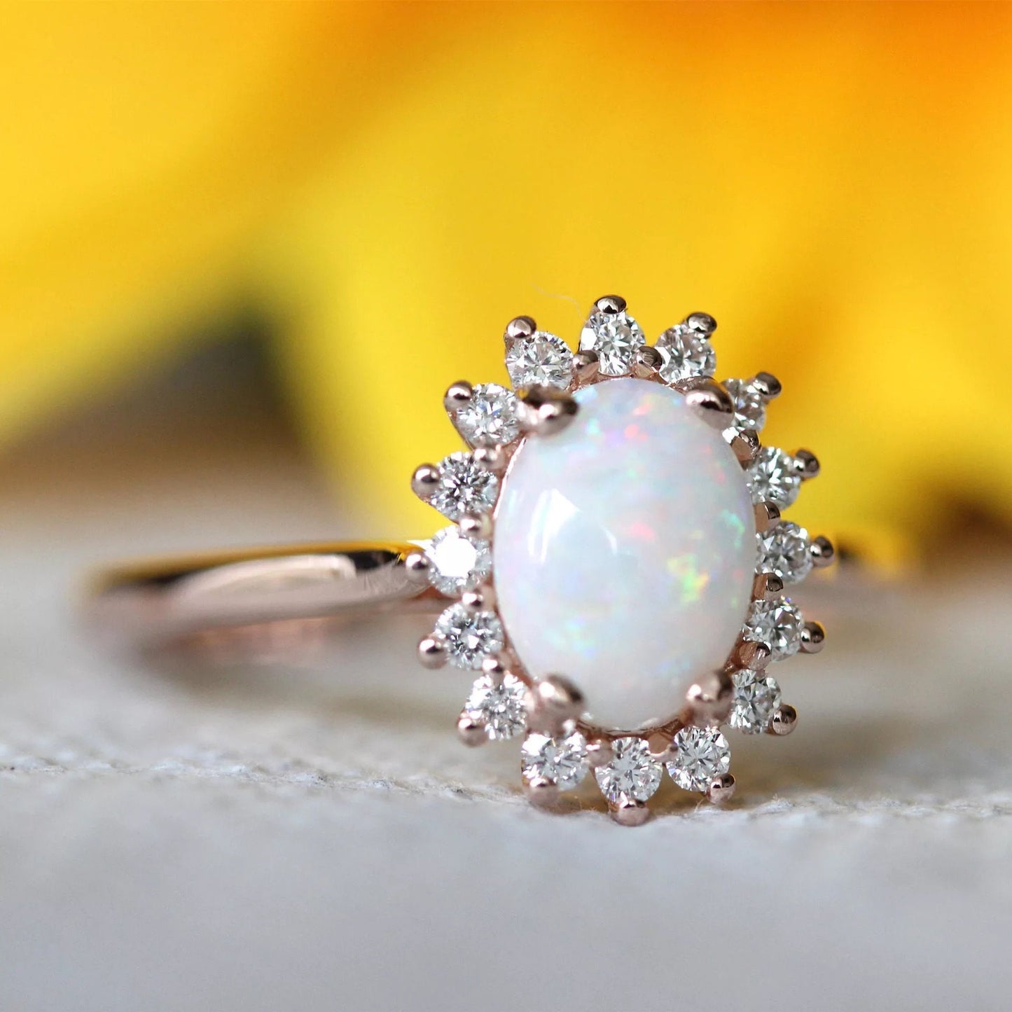 14k rose gold opal and moissanite diamond ring,  Engagement ring, Wedding ring, Anniversary ring