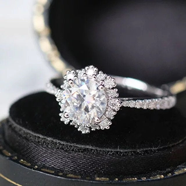 Moissanite diamond halo engagement ring, snowflake moissanite ring, Annivesary ring, Engagement wedding ring