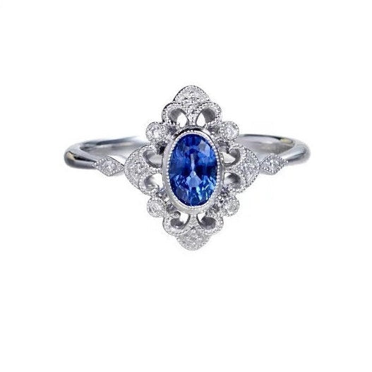 Art Deco sapphire Moissanite diamond ring, engagement ring