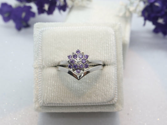 Snowflake purple CZ ring set, Chevron ring, Curved wedding band, Sterling silver ring, Anniversary ring