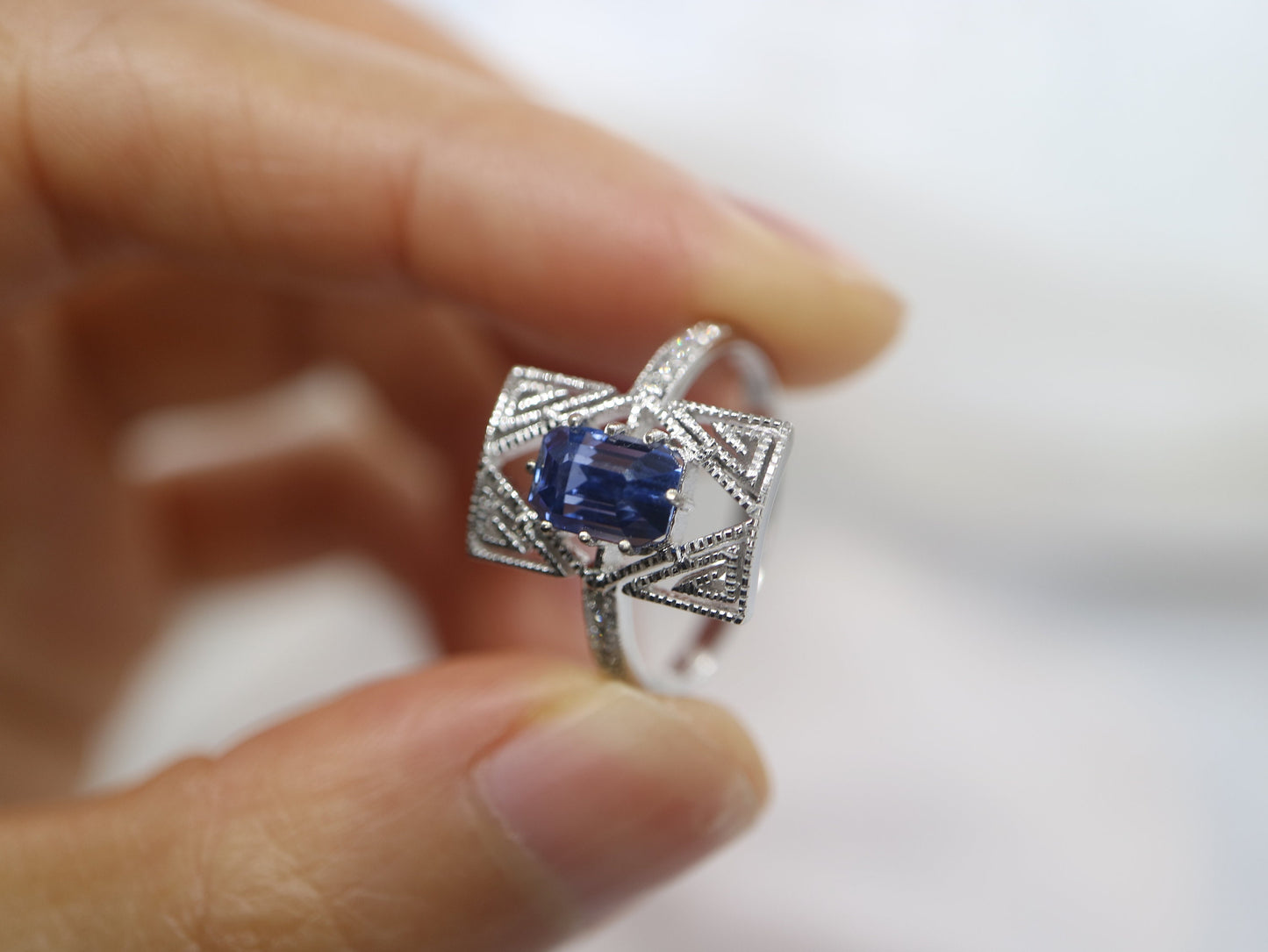 Art Deco 18k sapphire ring, in white gold setting, Natural blue Sapphire  engagement ring, Radiant cut natural blue sapphire  wedding ring