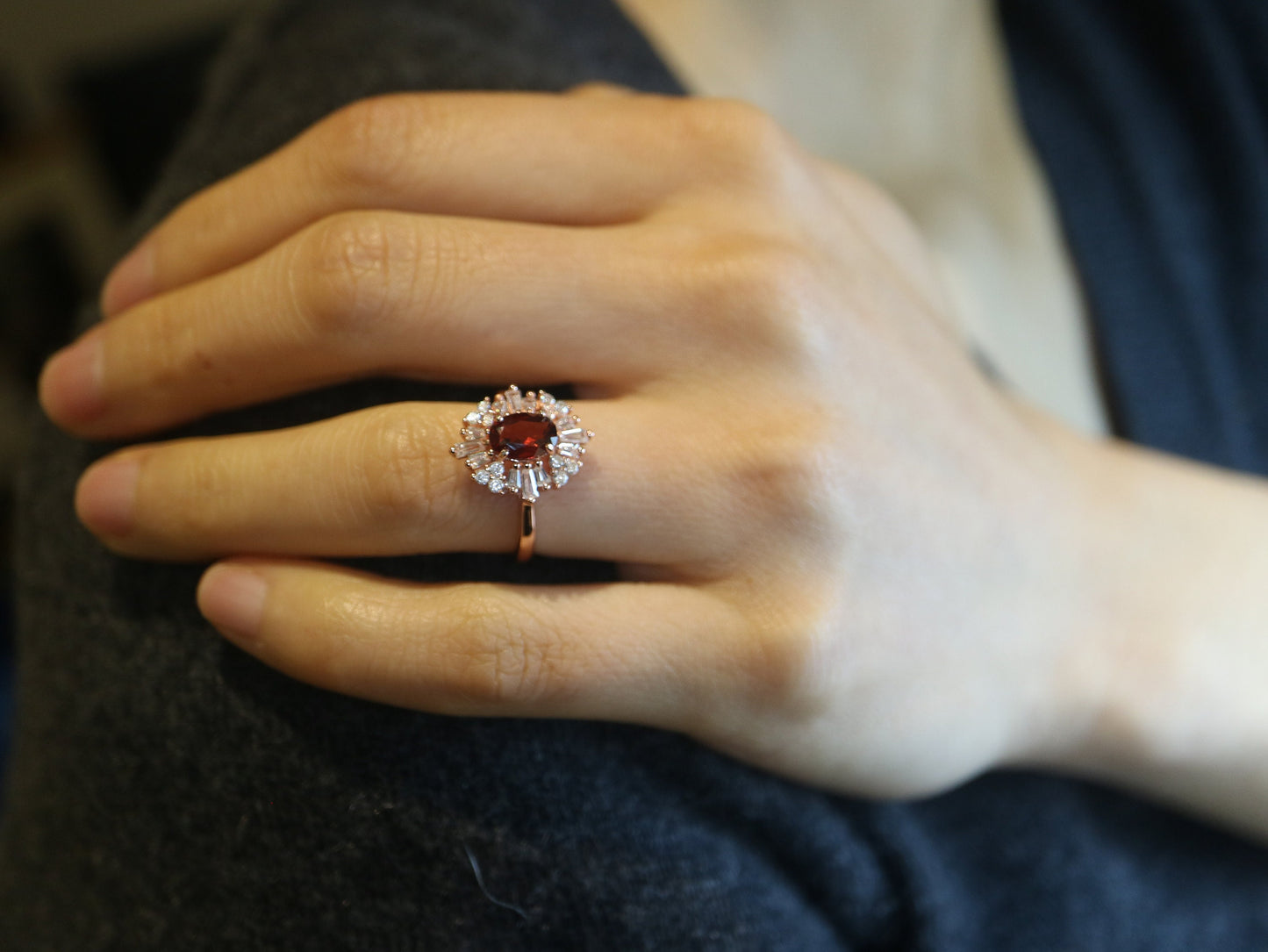 Art Deco garnet ring, Sterling silver starburst ring, vintage garnet and CZ ring, Red gemstone ring, Anniversary gift