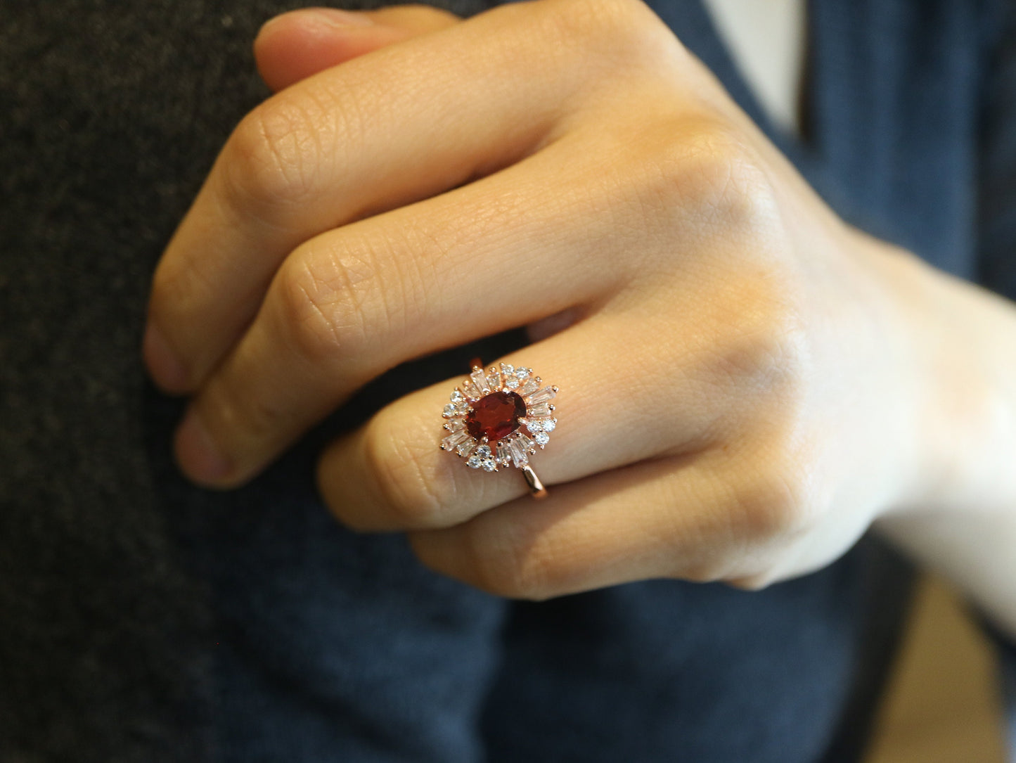 Art Deco garnet ring, Sterling silver starburst ring, vintage garnet and CZ ring, Red gemstone ring, Anniversary gift