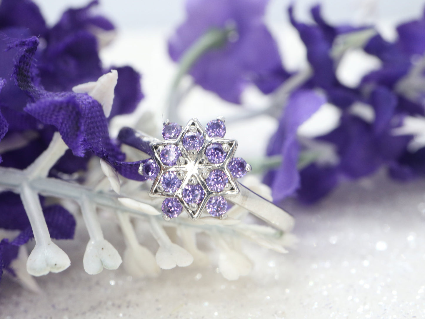 Sterling silver snowflake ring, purple CZ ring