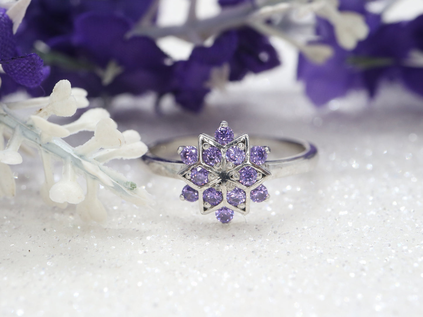 Sterling silver snowflake ring, purple CZ ring