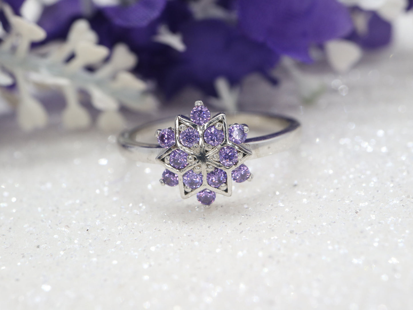 Sterling silver snowflake ring, purple CZ ring