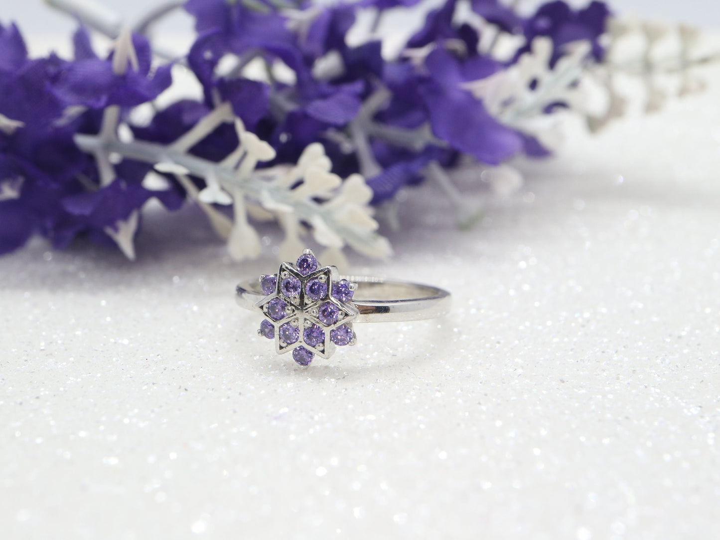 Sterling silver snowflake ring, purple CZ ring