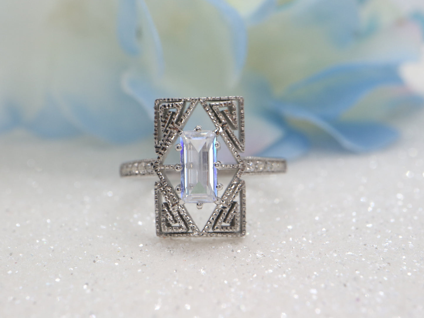 Art Deco sterling silver and cubic zirconia ring, in white gold plated setting, CZ engagement ring, emerald cut CZ wedding ring