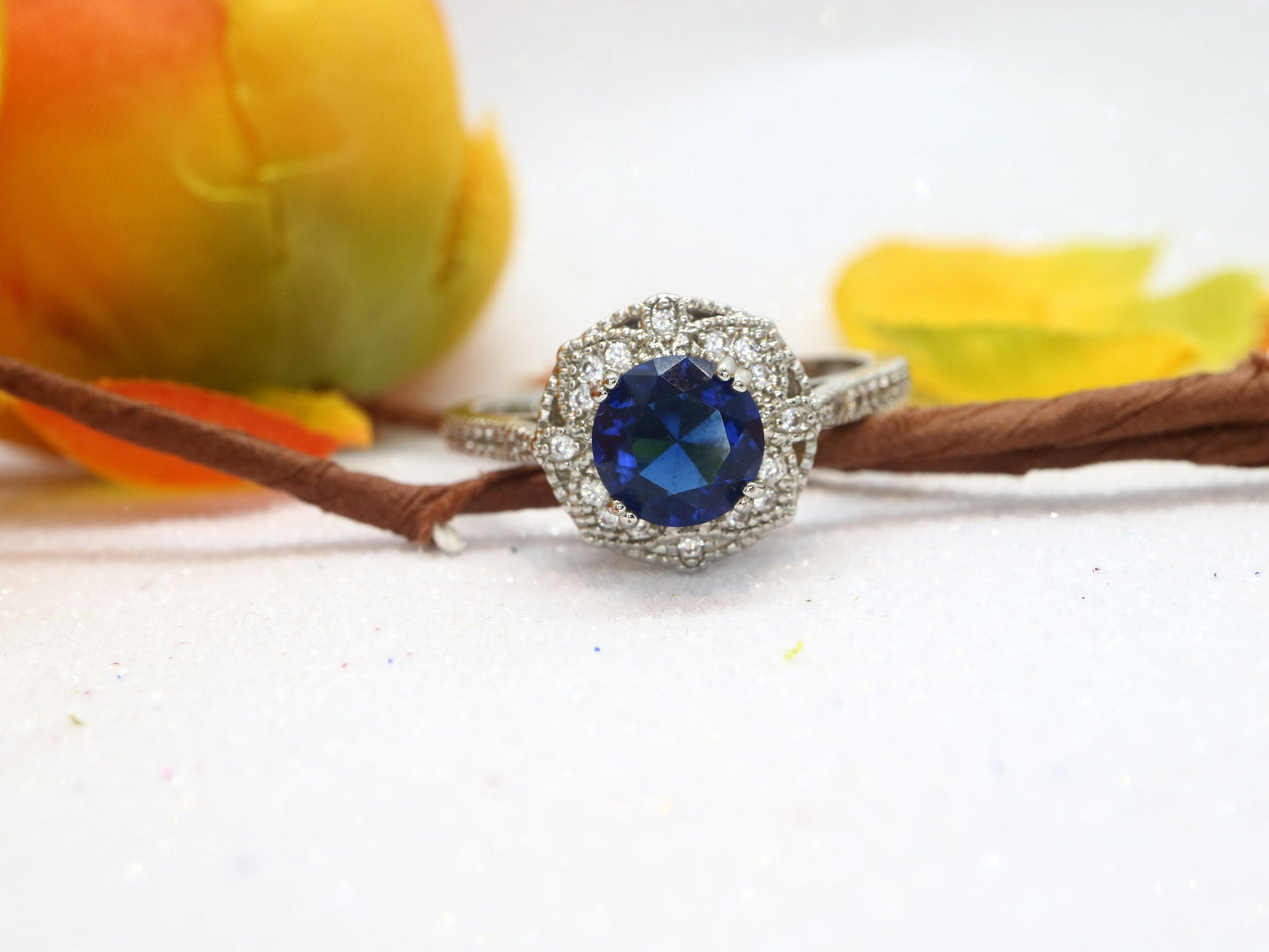 Hollow Rose flower shape cut engagement ring, Sapphire and diamond  ring, Vintage Diamonds Ring