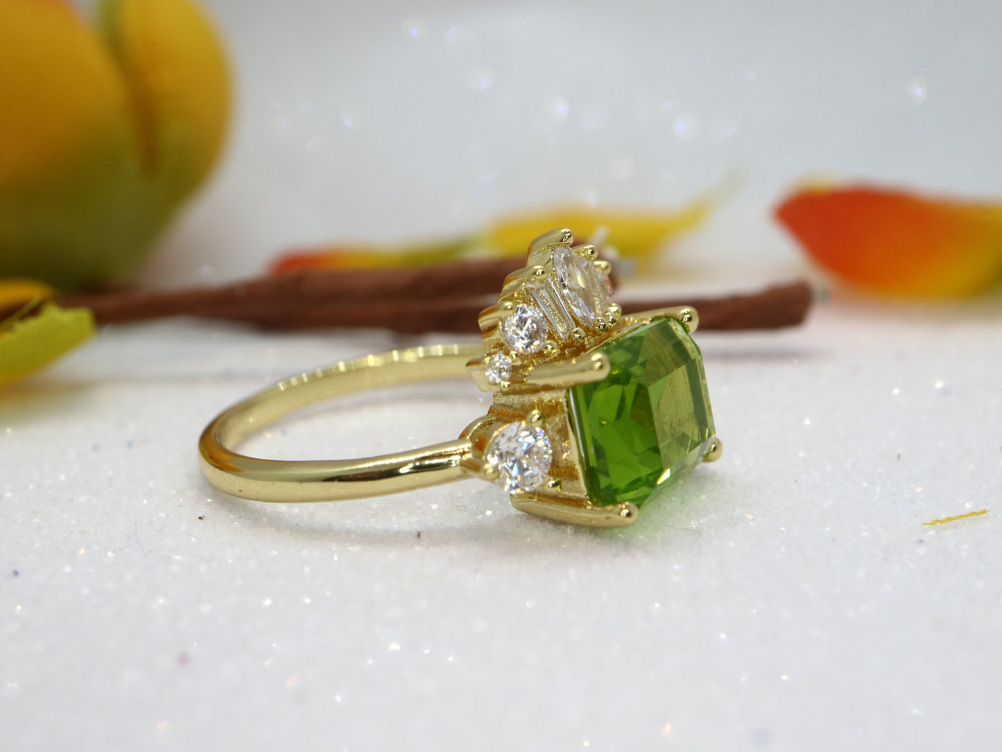 Anique tourmaline and  moissanite diamond engagement ring, Cluster moissanite diamond ring,Green gemstone engagement ring