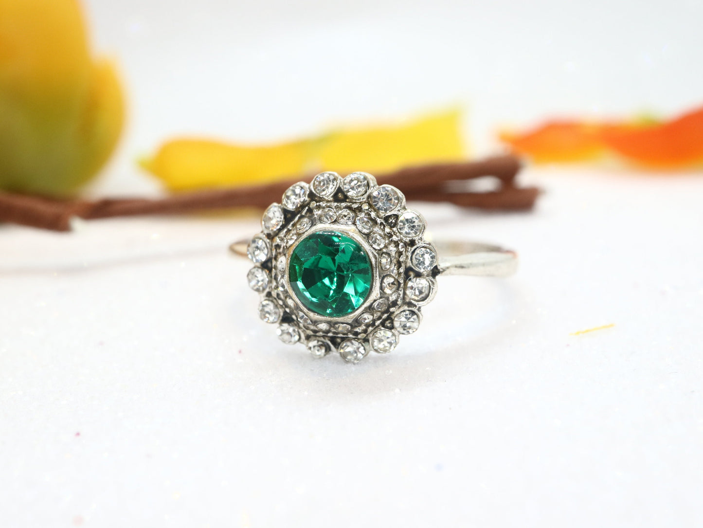 Edwardian style  moissanite diamond engagement ring, Vintage flower emerald engagement ring, Unique engagement ring