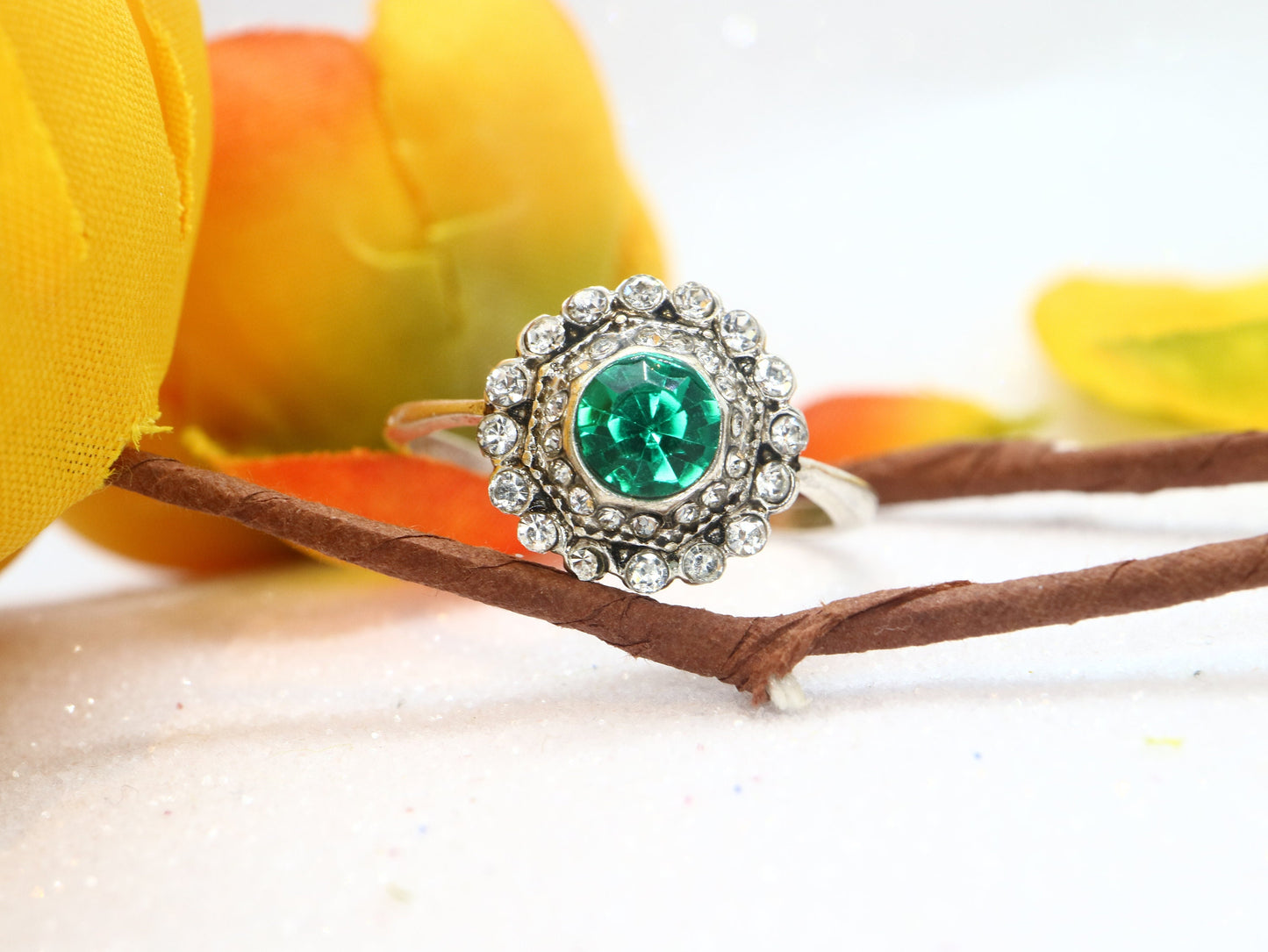 Edwardian style  moissanite diamond engagement ring, Vintage flower emerald engagement ring, Unique engagement ring