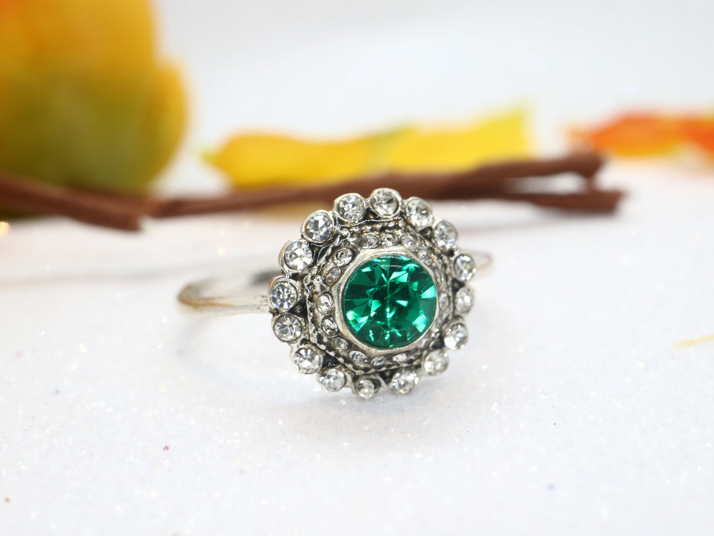 Edwardian style  moissanite diamond engagement ring, Vintage flower emerald engagement ring, Unique engagement ring