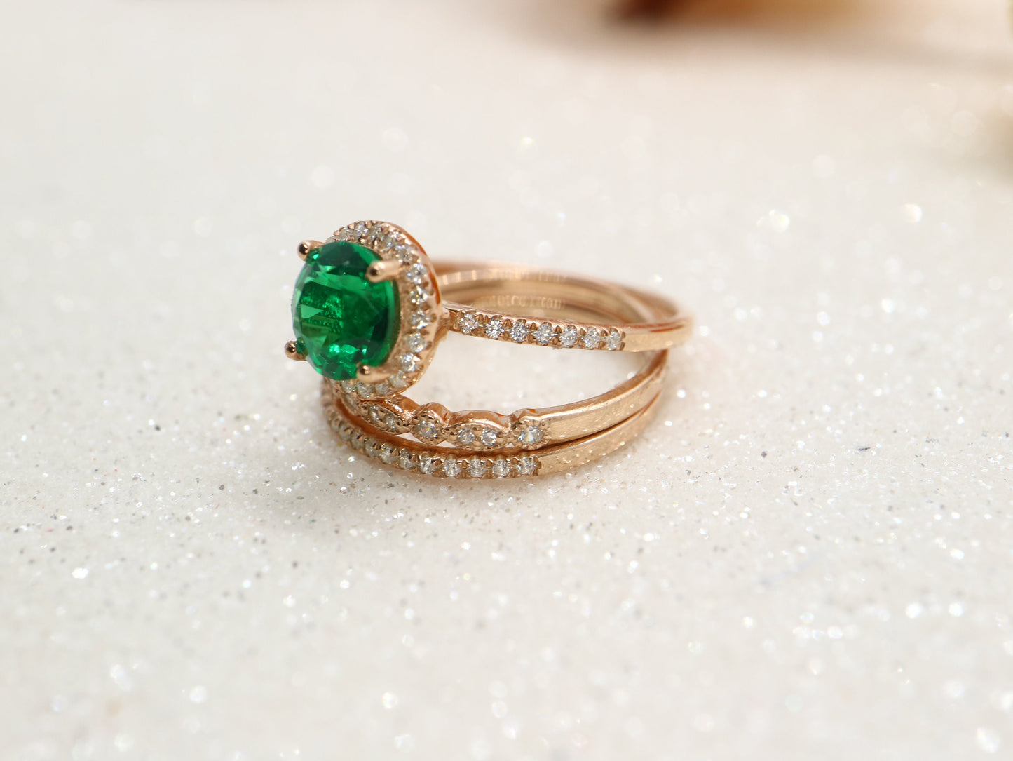 Round emerald halo ring set, Vintage emerald bridal ring set 3 pic, Anniversary promise ring gift