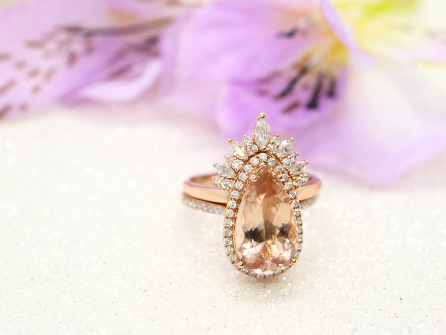 Cluster Engagement Ring Set, Rose gold2.7ct ring, Pear Shaped Morganite Engagement Ring, Unique Bridal Set, Stacking Ring, Antique Ring 2pcs