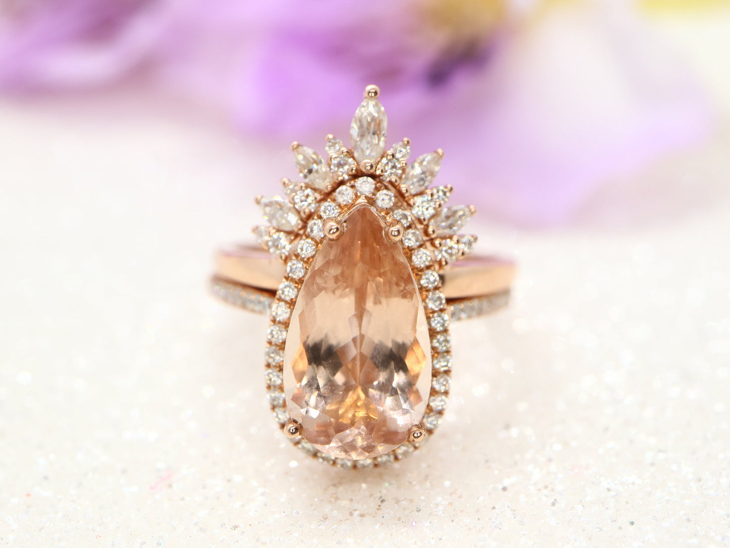 Cluster Engagement Ring Set, Rose gold2.7ct ring, Pear Shaped Morganite Engagement Ring, Unique Bridal Set, Stacking Ring, Antique Ring 2pcs