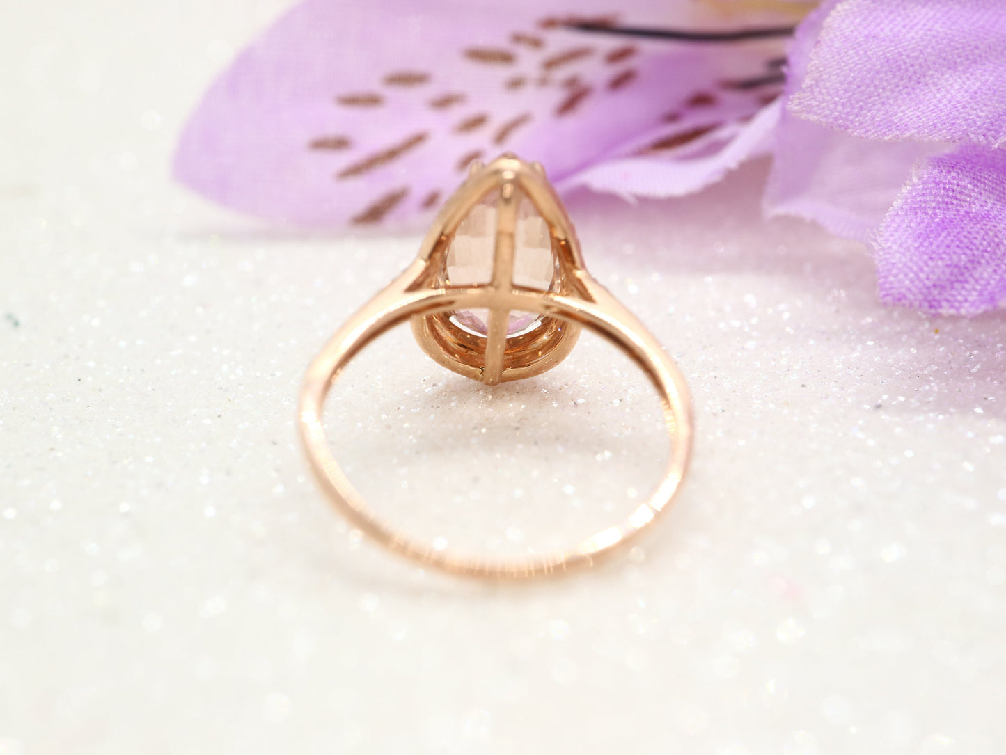 Pear shaped morganite  and moissanite diamond ring, rose gold engagement ring