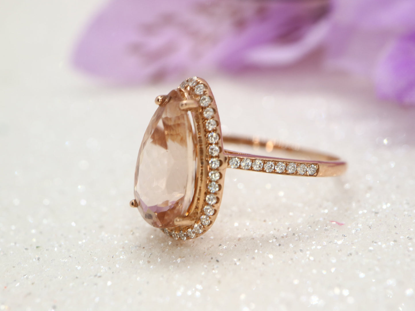 Pear shaped morganite  and moissanite diamond ring, rose gold engagement ring