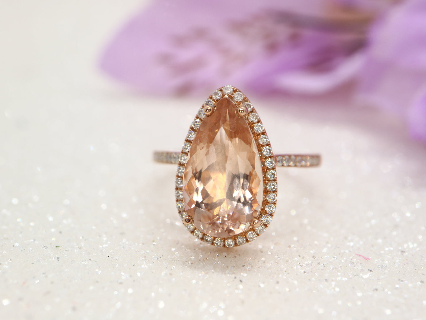 Pear shaped morganite  and moissanite diamond ring, rose gold engagement ring