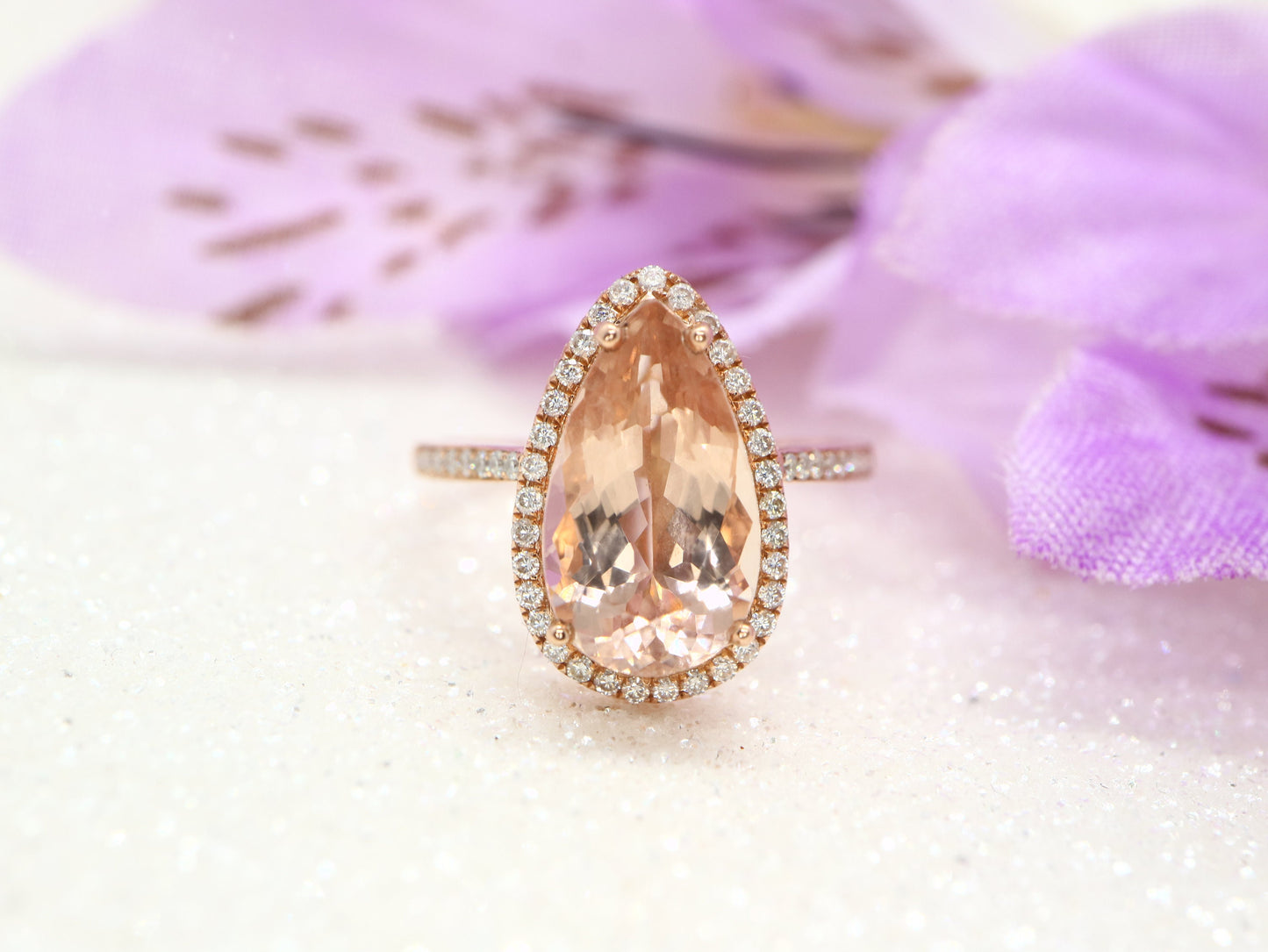 Pear shaped morganite  and moissanite diamond ring, rose gold engagement ring