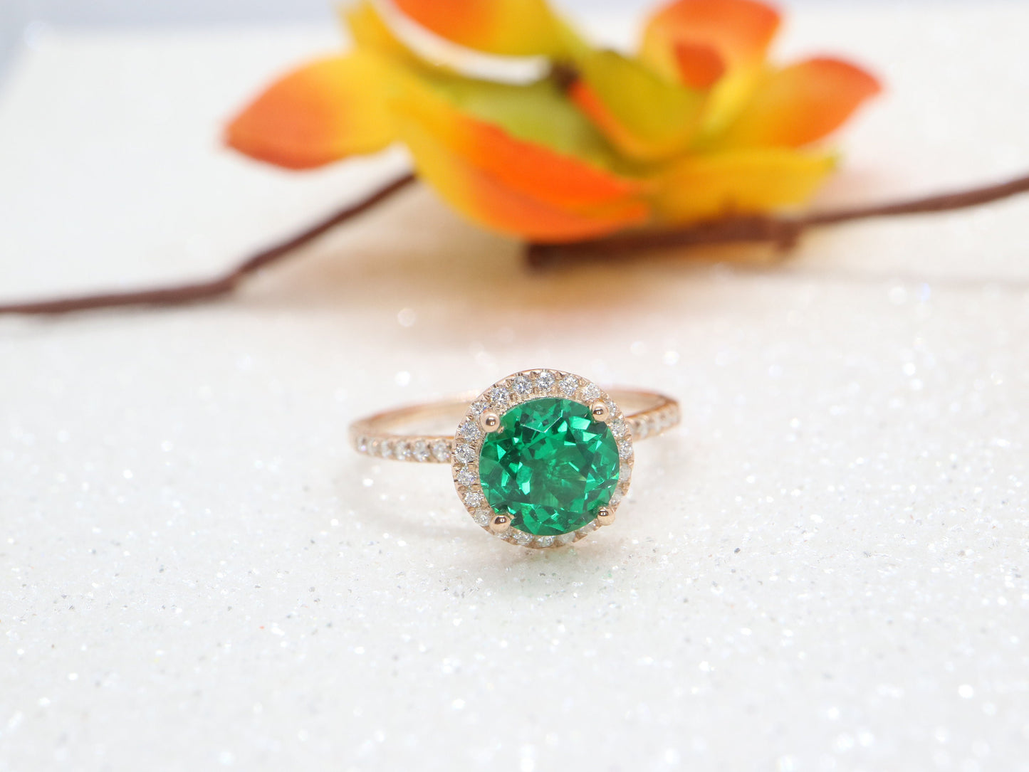 Emerald halo  engagement ring, Handmade jewelry, Women white gold antique ring, Ring gift for her