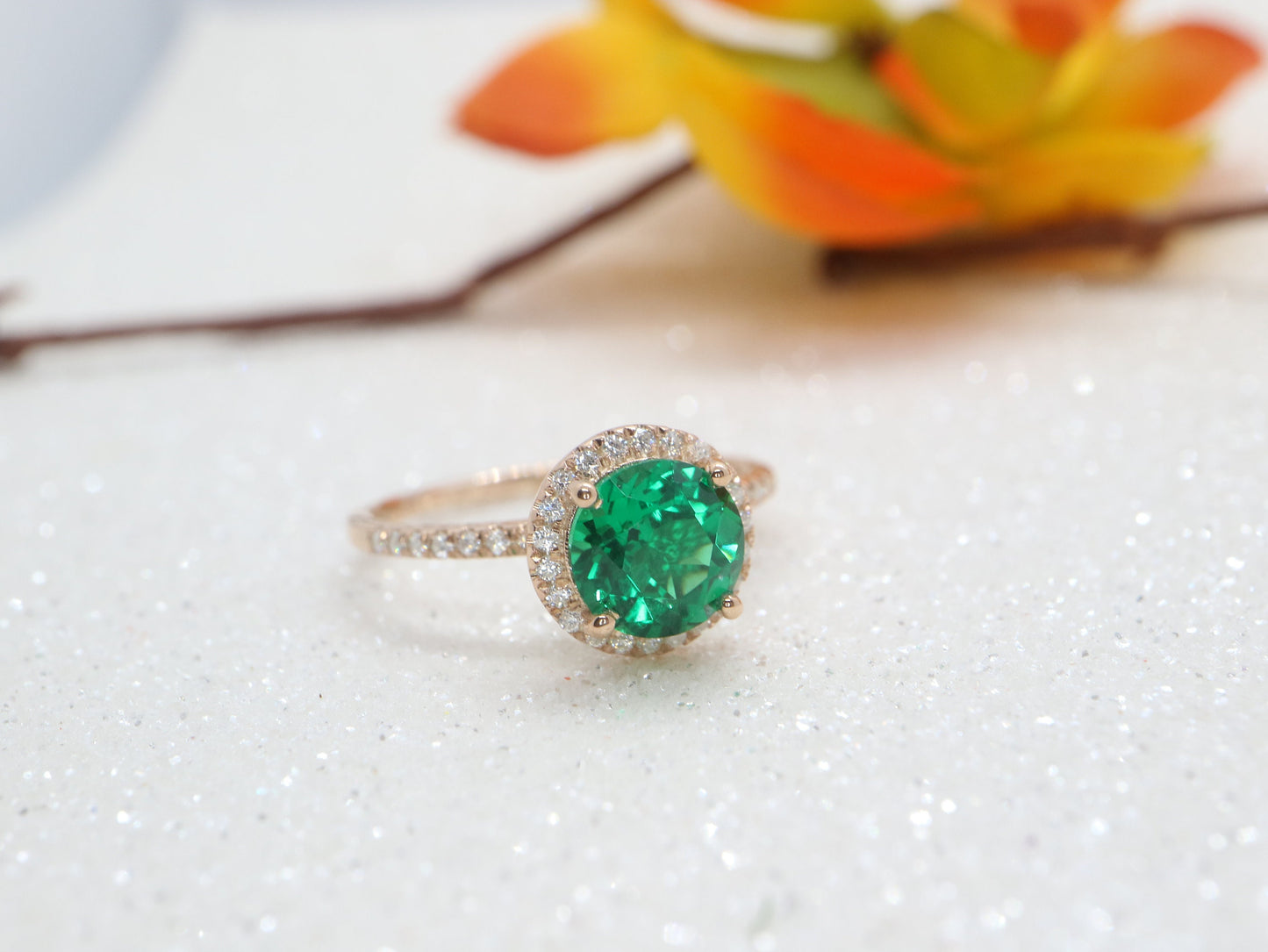 Emerald halo  engagement ring, Handmade jewelry, Women white gold antique ring, Ring gift for her