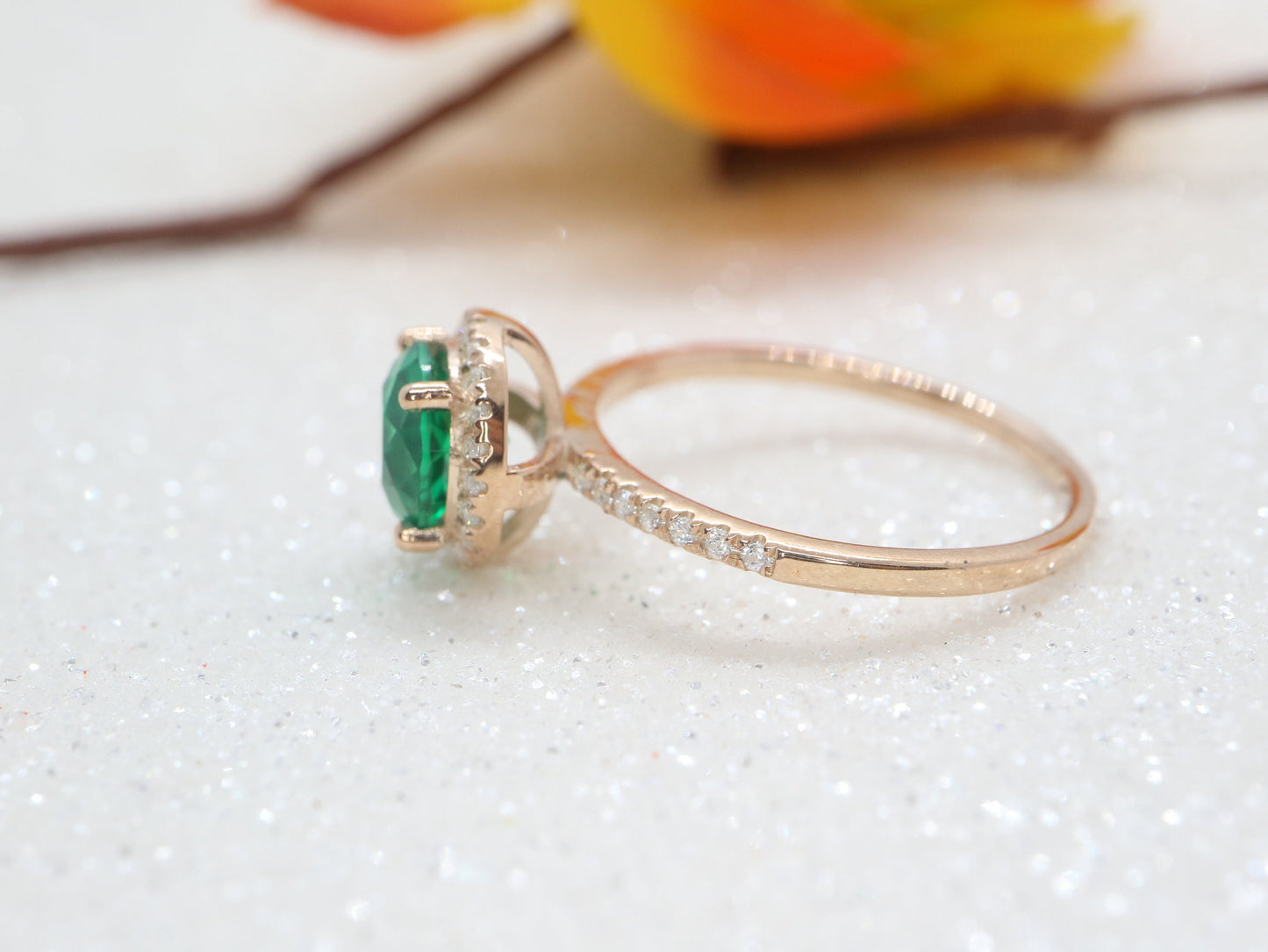 Emerald halo  engagement ring, Handmade jewelry, Women white gold antique ring, Ring gift for her