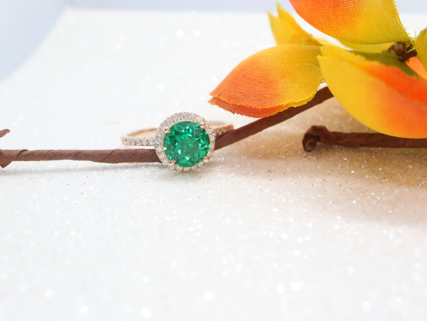 Emerald halo  engagement ring, Handmade jewelry, Women white gold antique ring, Ring gift for her