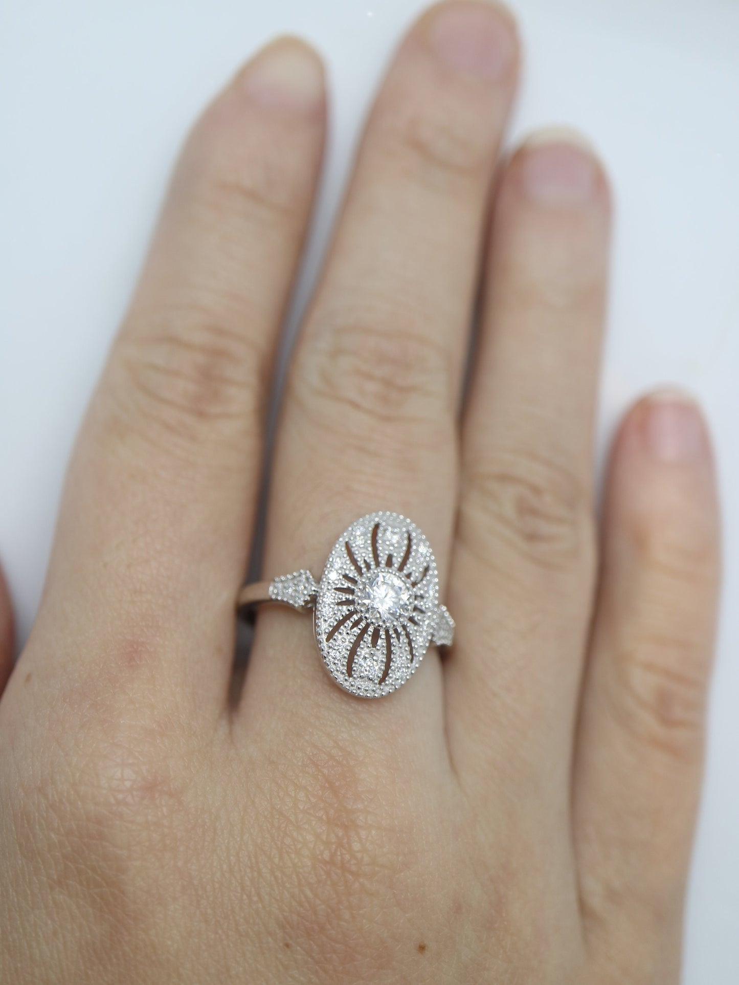 White gold vintage inspired ring, 14k white gold antique ring, Art deco engagement ring, Anniversary ring, Diamonds accents. Promise ring