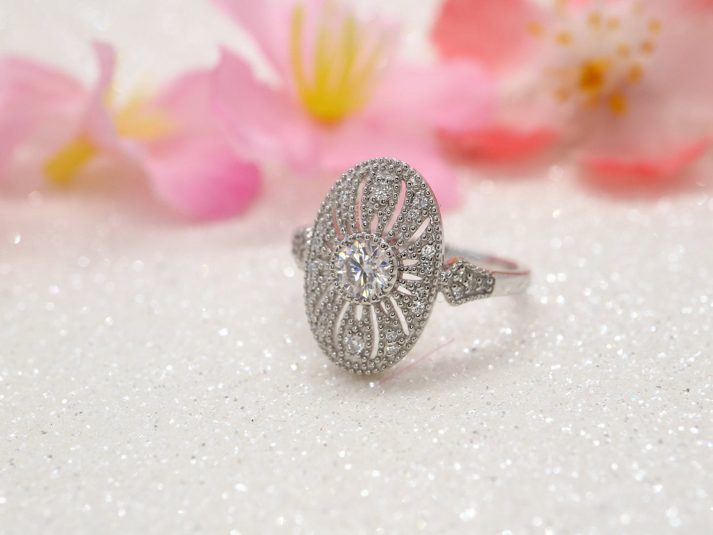 White gold vintage inspired ring, 14k white gold antique ring, Art deco engagement ring, Anniversary ring, Diamonds accents. Promise ring