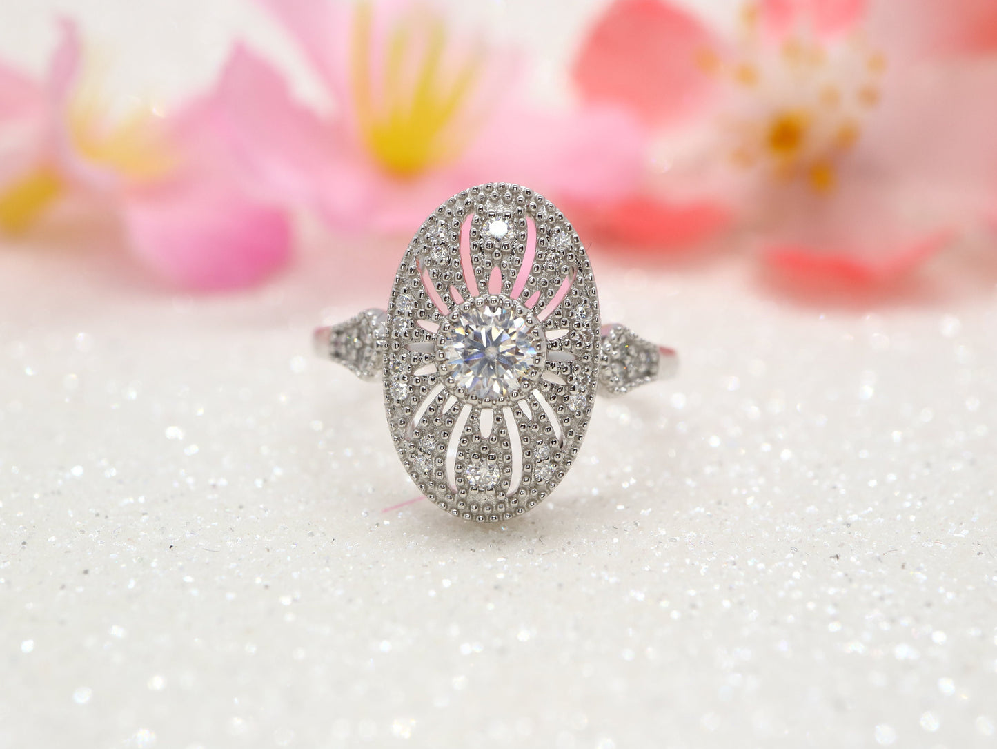 White gold vintage inspired ring, 14k white gold antique ring, Art deco engagement ring, Anniversary ring, Diamonds accents. Promise ring