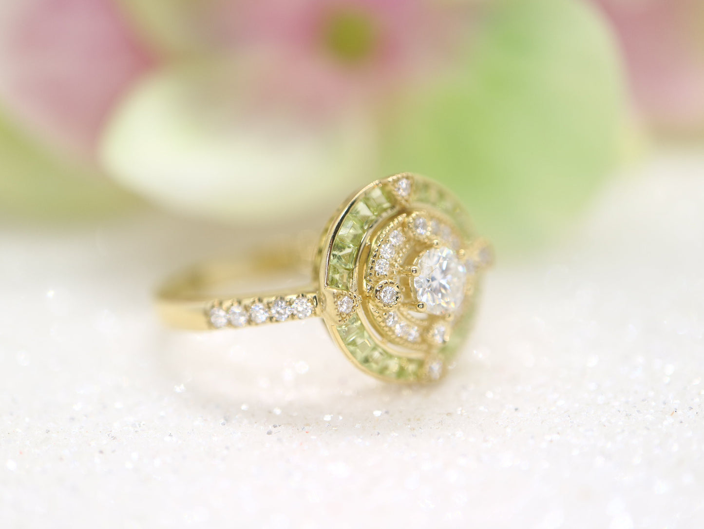 Art Deco moissanite and peridot halo ring, Annivery ring, vintage gold ring