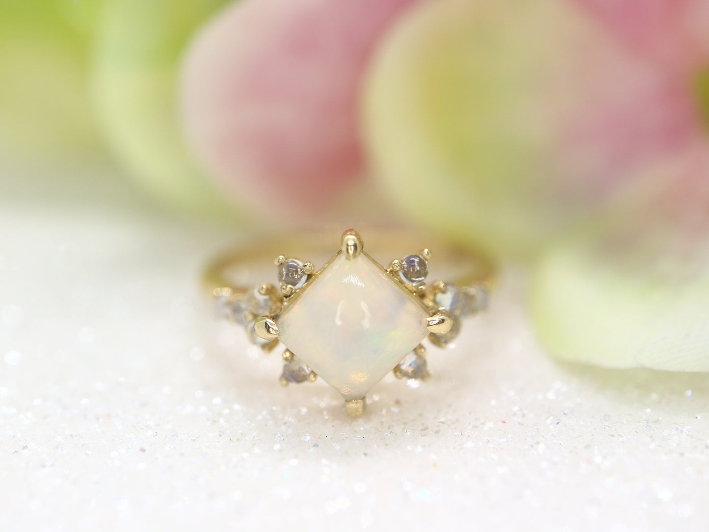 Opal in moonstone setting, 14k gold opal with moonstone cluster ring