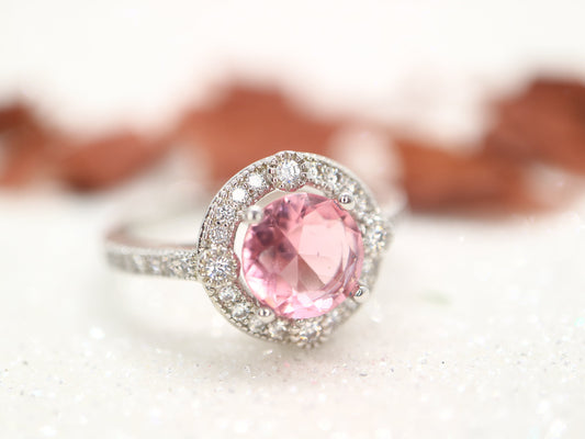 White gold tourmaline and diamond ring, Pink Tourmaline Engagement Ring, tourmaline ring, solid 14k handmade for women